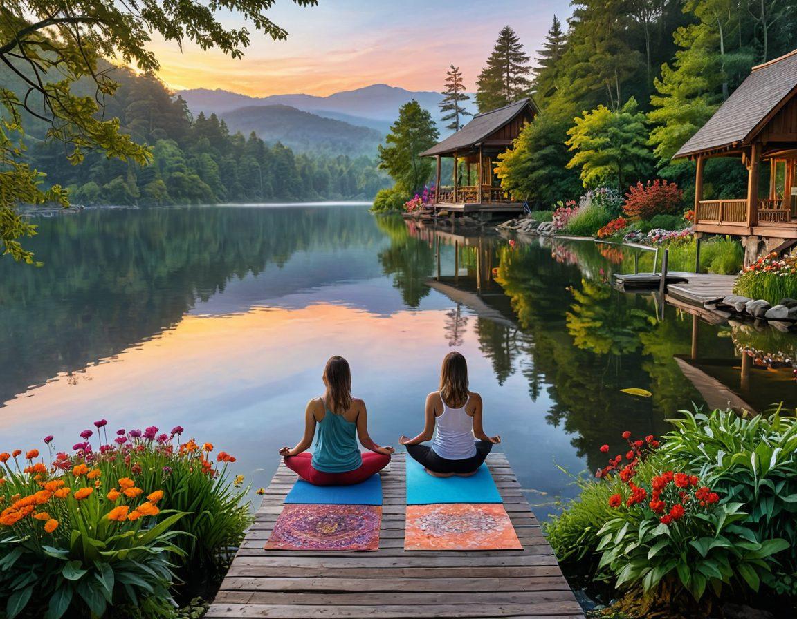 A serene landscape featuring a vibrant sunrise over a tranquil lake, with a person practicing yoga on a wooden dock, surrounded by lush greenery and colorful flowers. Include symbols of wellness like fruits, books, and meditation stones scattered around, representing mindful lifestyle choices. The scene should evoke feelings of peace, happiness, and empowerment. painting. vibrant colors.