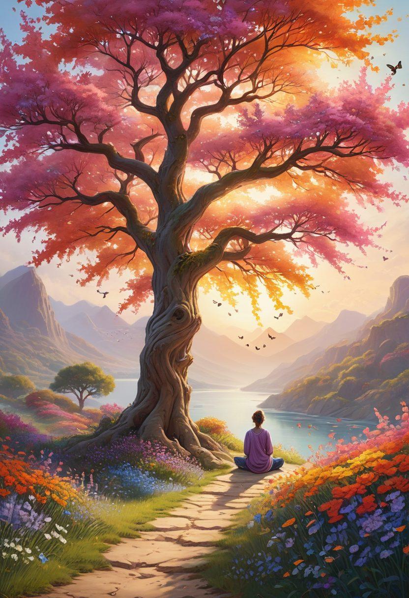 A serene landscape with a person meditating under a blooming tree, surrounded by symbols of happiness like butterflies, sunshine, and vibrant flowers. In the background, a peaceful path leads to a distant horizon, symbolizing the journey to well-being. Emphasize bright colors and a sense of tranquility. super-realistic. vibrant colors. peaceful atmosphere.