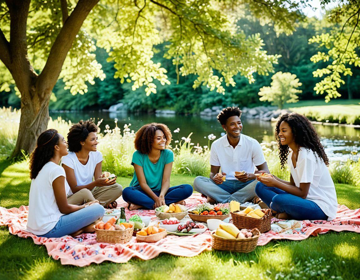 A serene scene featuring a diverse group of friends joyfully supporting each other in a lush, green park. Soft sunlight filters through the trees, casting warm light on their smiling faces, while a picnic blanket is set up nearby with healthy snacks. In the background, peaceful nature imagery symbolizes emotional wellness, like a flowing stream and blooming flowers. The overall atmosphere conveys a sense of happiness, connection, and support. vibrant colors. soft focus.